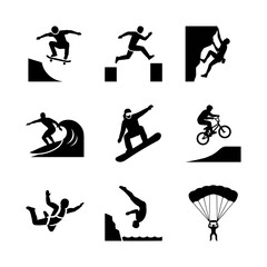 Fototapeta premium 70 Extreme Sports Icons Set: Skateboarder, Hurdler, Climber, Surfer, Snowboarder, BMX Rider, Skydiver, Diver, Parachutist Vector Graphics 100