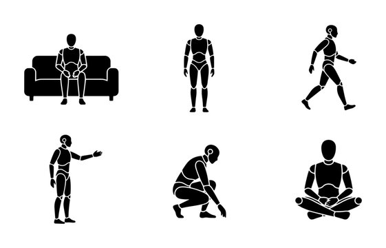70 Robot Icon Set: Humanoid Figures in Various Poses, Sitting on Sofa, Standing, Walking, Gesturing, Crouching, Meditating, Vector Silhouettes for Technology and AI Concepts 100