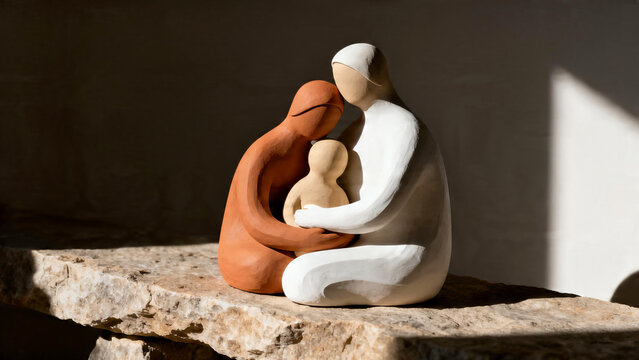 Abstract nested terracotta clay sculptures representing a family