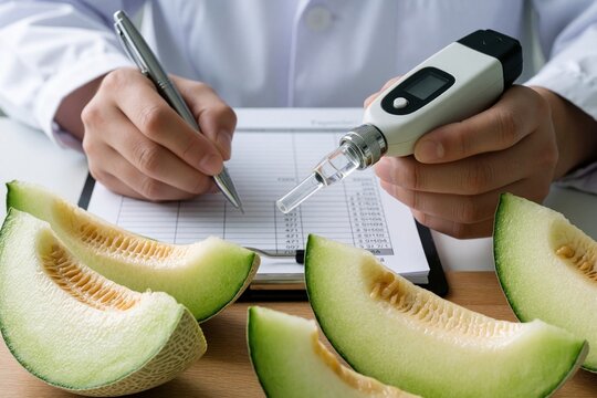 Lab scientist measures sugar level in green melon slices using digital brix refractometer device. Pro technician tests fruit ripeness, records data in paper inspection report form. Agronomist expert