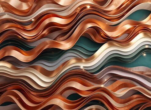 Abstract 3D papercut wood and copper wavy ribbon background texture for premium design