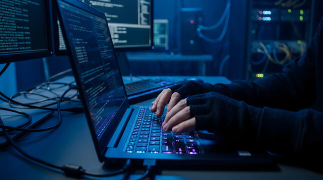 Anonymous hacker in dark room typing on a laptop with glowing keyboard, surrounded by servers and monitors displaying code.
