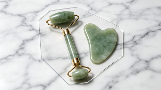 olive oil in a bottle, Jade roller and gua sha set on marble background elements, transparent cutout