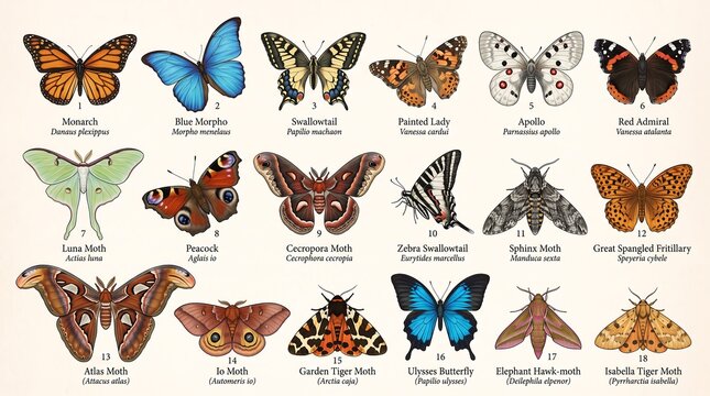 Vintage butterfly and moth collection, set of 18 scientific lepidoptera illustrations, antique biological chart with species names and labels