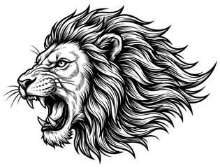Obraz premium Fierce lion head illustration featuring bold black and white lines