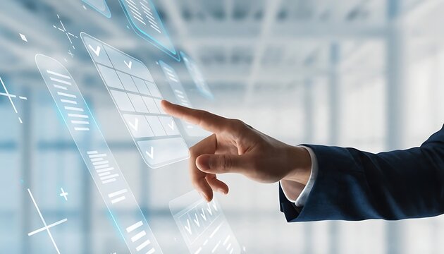 Business executive touching digital interface. Professional using virtual data screen.