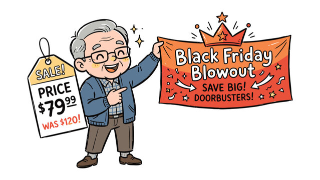 Black Friday Blowout Sale: An excited elderly man proudly displays a Black Friday Blowout banner and a Sale! tag, highlighting incredible savings and doorbuster deals.