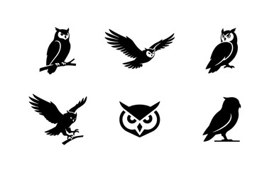 Fototapeta premium 70 Vector Owl Icons Set: Nocturnal Bird Silhouettes, Flying & Perched Wildlife Graphics, Wise Animal Emblems for Nature and Education 100