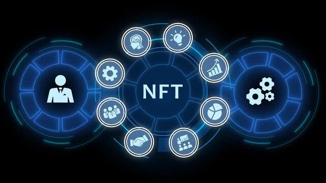Nft digital asset marketplace concept with futuristic hud interface and blockchain technology non-fungible token