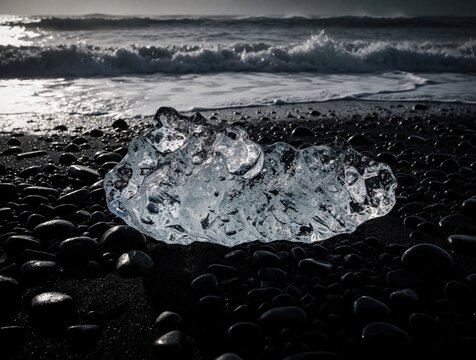 Clear ice block rests on dark volcanic sand beach during tide. Ocean waves crash near transparent frozen water chunk at shoreline. Winter landscape shows melting glacier piece washed by sea surf on