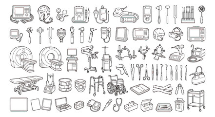 Fototapeta premium Medical equipment line art icons set, hospital healthcare tools and diagnostic devices vector collection, surgical instruments and clinic supplies