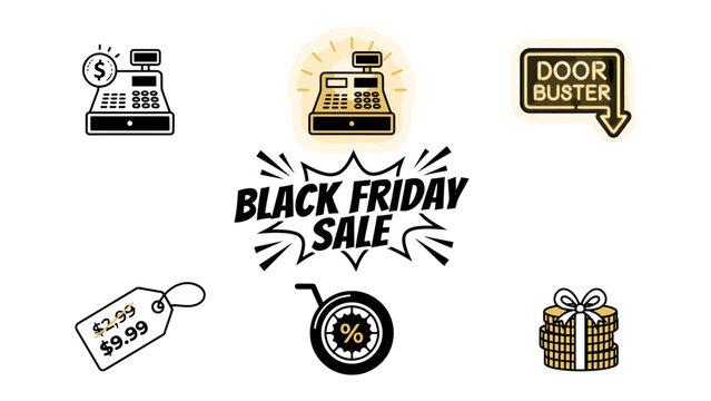 Black Friday Sale Icons: A collection of graphic icons symbolizing a Black Friday sale event, including cash registers, doorbuster sign, price tag, discount wheel, and gift boxes.