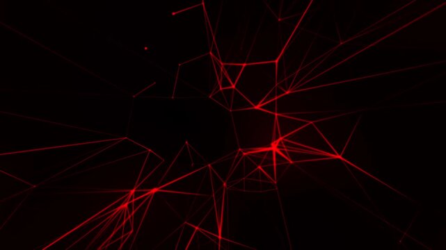 An abstract digital network of glowing red lines and nodes on a black background. The animation conveys the concept of high-speed data transfer. Suitable for topics such as communications, blockchain,