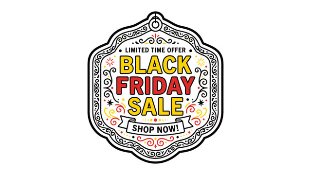 Black Friday Sale Badge: A decorative, ornate badge announces a limited-time Black Friday sale, urging shoppers to Shop Now! with vibrant typography and intricate borders.
