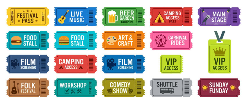 Collection of Festival Event Tickets and Passes - Vector Illustration