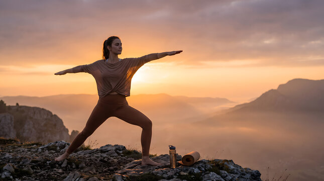 Woman practicing yoga warrior pose on a mountain peak at sunrise, embracing nature and tranquility.