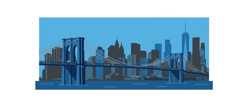 Brooklyn Bridge Skyline New York City Illustration Blue Tones