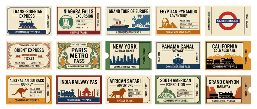 Vintage Travel Tickets Collection: Global Destinations and Transportation Styles