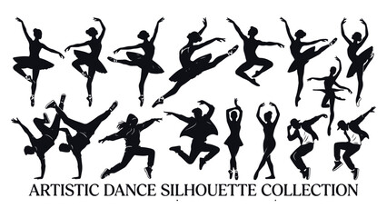 Vector illustration collection of artistic dance silhouettes featuring graceful ballerina ballet dancers modern performers and dynamic hip hop breakdancers isolated on white background © alhajantor