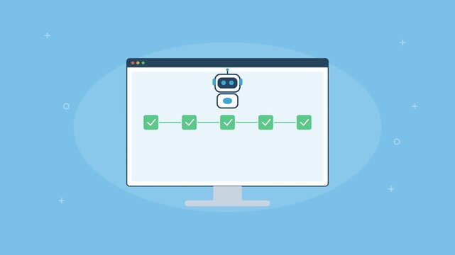 automation pipeline with sequential steps completing on a screen, sky blue color scheme