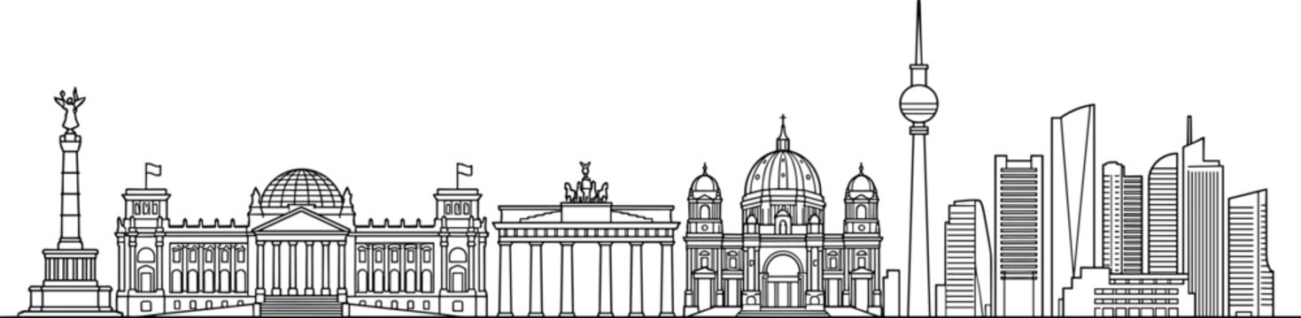 Berlin City Skyline Line Art Vector Illustration Featuring Historic Monuments and Modern Skyscrapers