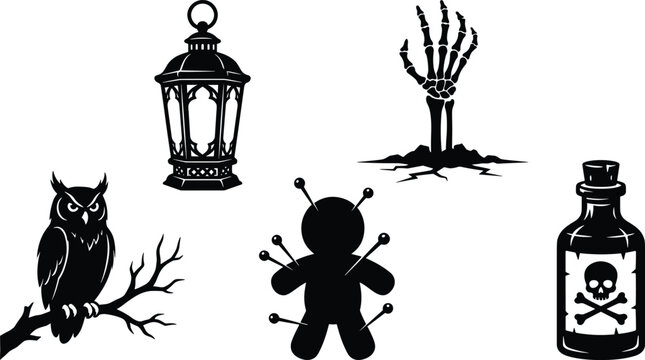 Halloween spooky black silhouette design elements set with owl, voodoo doll, skeleton hand, lantern, and poison bottle