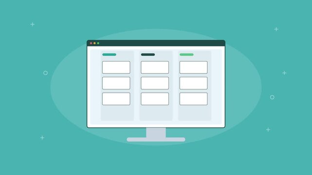 automated kanban board with tasks moving across columns, teal color scheme