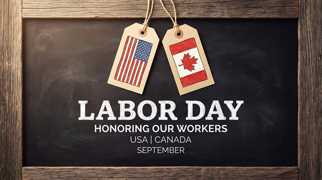 Labor day celebration concept with american and canadian flags on price tags hanging over a rustic chalkboard background