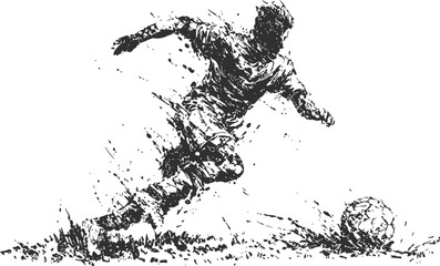 Obraz premium Dynamic soccer player kicking ball, splash ink drawing, black and white sports art