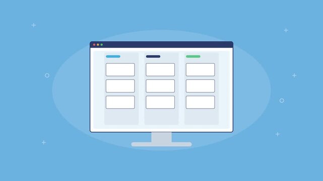 automated kanban board with tasks moving across columns, blue color scheme