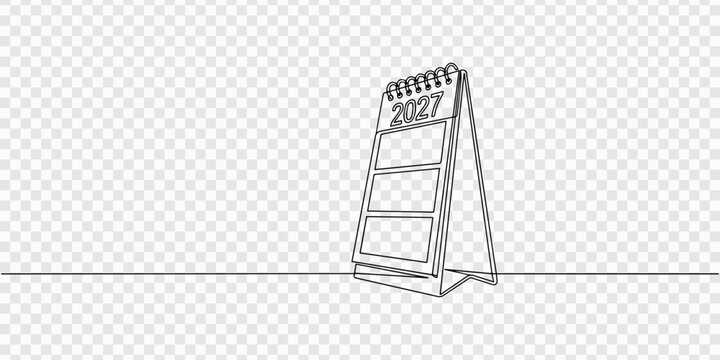 Minimalist 2027 desk calendar continuous line art vector one line drawing of annual planner for new year design, transparent background, Loose-leaf calendar 2027 in one continuous line drawing. Memora