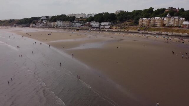 Drone 50FPS. Filey, South yorkshire. English seaside town. Summer holidays. 