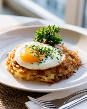 Crispy Fried Egg on Top of a Delicious Potato Dish Served on a Plate with Fresh Herbs