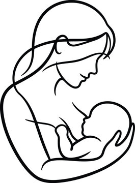 Continuous line drawing of a mother breastfeeding her baby, minimalist motherhood illustration, symbol of love and care