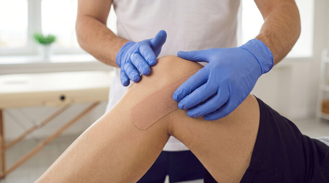 Physical therapist applying beige kinesiology tape to knee of male athlete patient