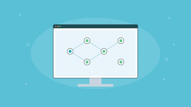 automation workflow with connected nodes building up on a screen, cyan color scheme