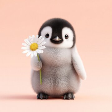 Fluffy baby penguin holds white daisy. Adorable chick stands on pastel peach background, offering a flower. Cute bird illustration for kids content.
