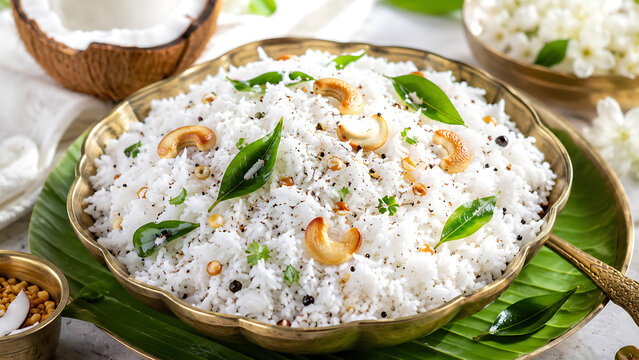 Coconut rice with curry leaves  cashews and grated coconut  bright tropical lighting  colorful South Indian food styling