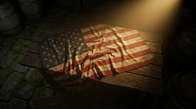 A weathered american flag draped over a rustic wooden table in a dark moody cellar setting