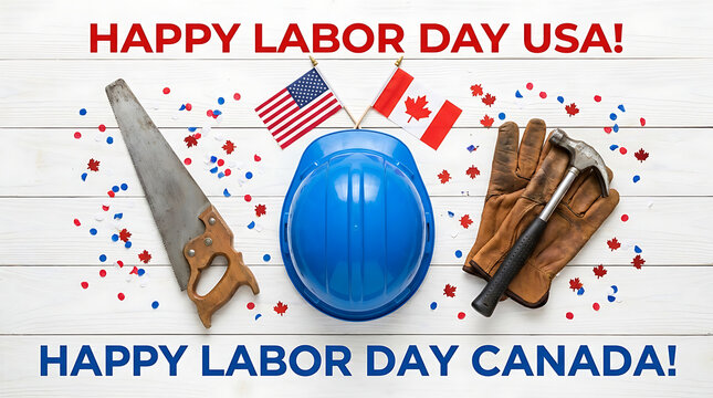 Labor day celebration background featuring construction tools a blue hard hat and american and canadian flags