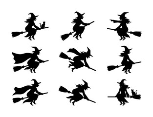 Fototapeta premium 70 Halloween Witch Silhouettes Collection, Flying Broomstick Icons, Spooky Night Magic Vector Set, Witchcraft Symbols for Holiday Design 100