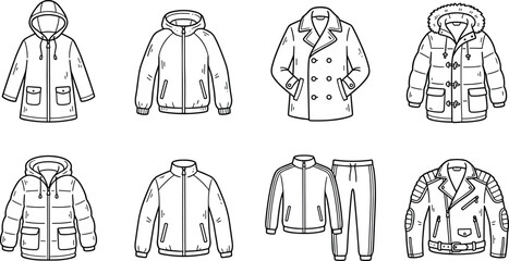 Collection of different types of winter jackets and coats, black and white line clothing © MDSAMIULISLAM