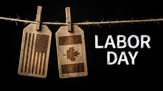Wooden tags with american and canadian flag designs hanging on a rope for labor day holiday celebration