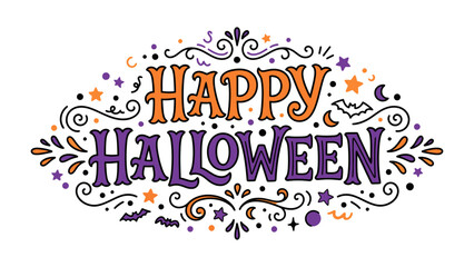 Spooky Delight: A whimsical Happy Halloween graphic with playful bats, stars, and swirls in festive orange and purple, perfect for seasonal greetings and decorations. © Nusaybah