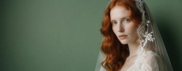 Obraz premium Red haired bride wears white lace veil on green background. Beautiful woman with freckles looks at camera during wedding preparation. Young lady in bridal dress enjoys romantic celebration. Portrait