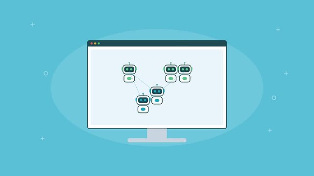 network of connected AI bots building up on a screen, cyan color scheme
