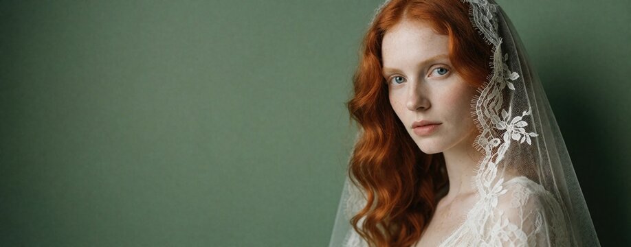 Red haired bride wears white lace veil on green background. Beautiful woman with freckles looks at camera during wedding preparation. Young lady in bridal dress enjoys romantic celebration. Portrait
