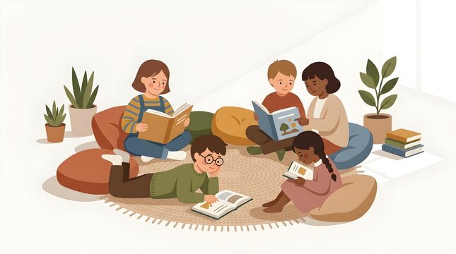 Diverse Group of Children Reading Books Together in a Cozy Library or Classroom Setting, Minimalist Flat Illustration