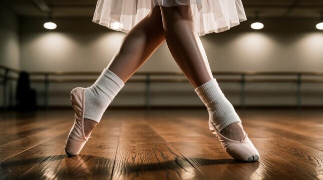 Ballerina legs in pink pointe shoes perform classical dance pose on wooden floor. Pro ballet student wears white socks, tutu skirt during morning practice. Focus on feet alignment balance technique,