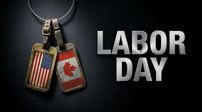 Labor day concept with american and canadian flag dog tags hanging against a dark textured background